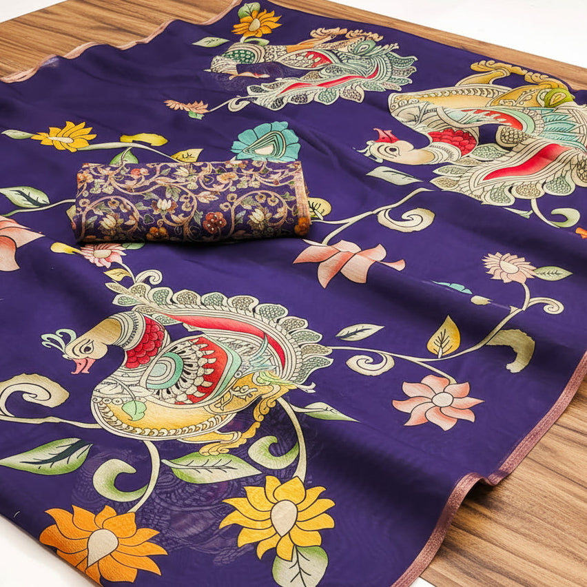 Purple Kalamkari Muga Cotton Silk Workwear Saree