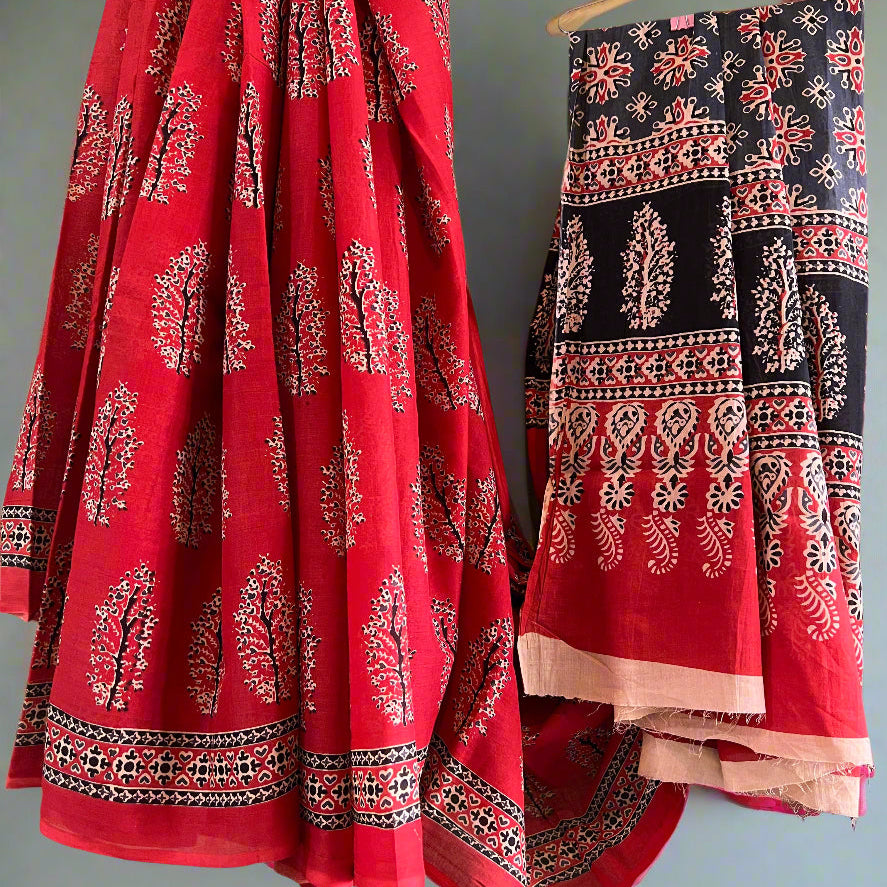 Red Handblock Mul Cotton Workwear Saree