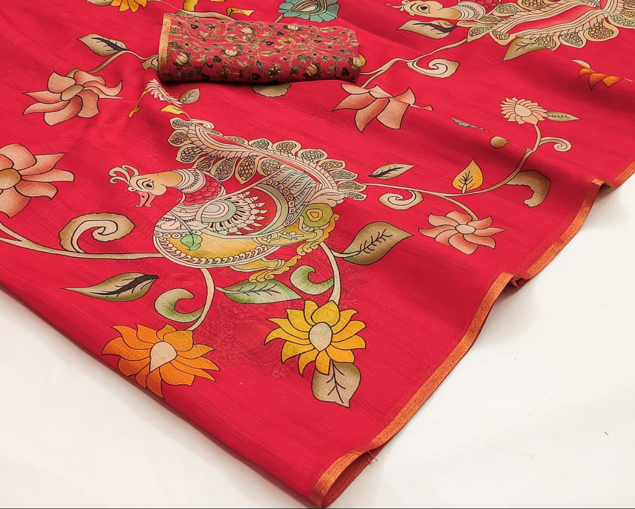 Red Kalamkari Muga Cotton Silk Saree
