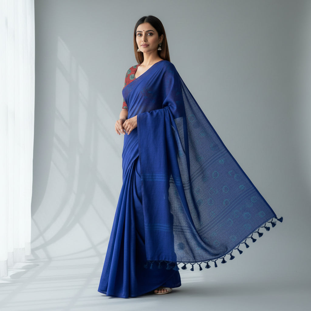 Blue Plain Mul Cotton Workwear Saree