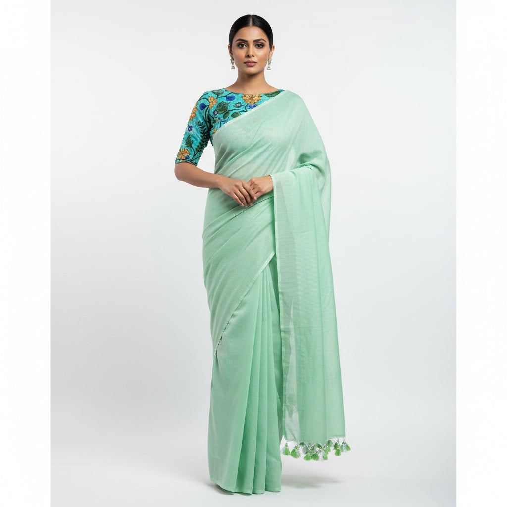 Sea Green Plain Mul Cotton Workwear Saree