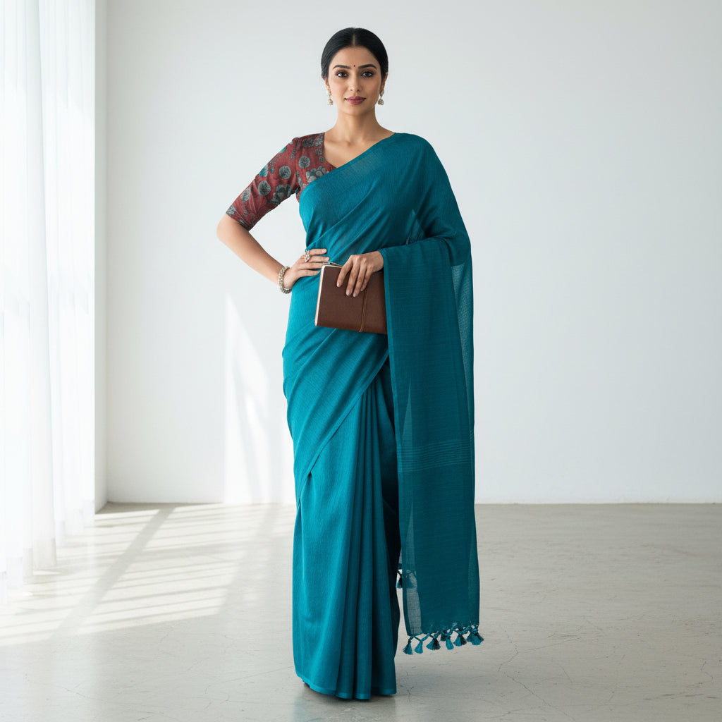 Teal Plain Mul Cotton Workwear Saree