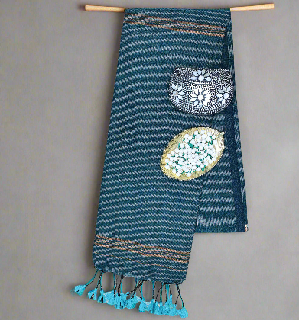 Teal blue zari mul khadi cotton