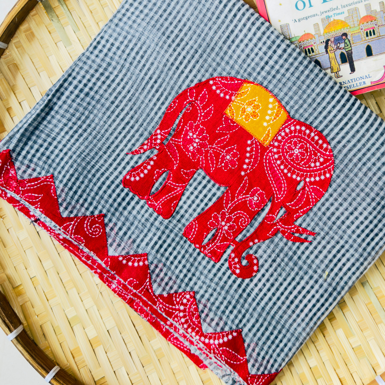 Grey saree with red elephant applique patch-work