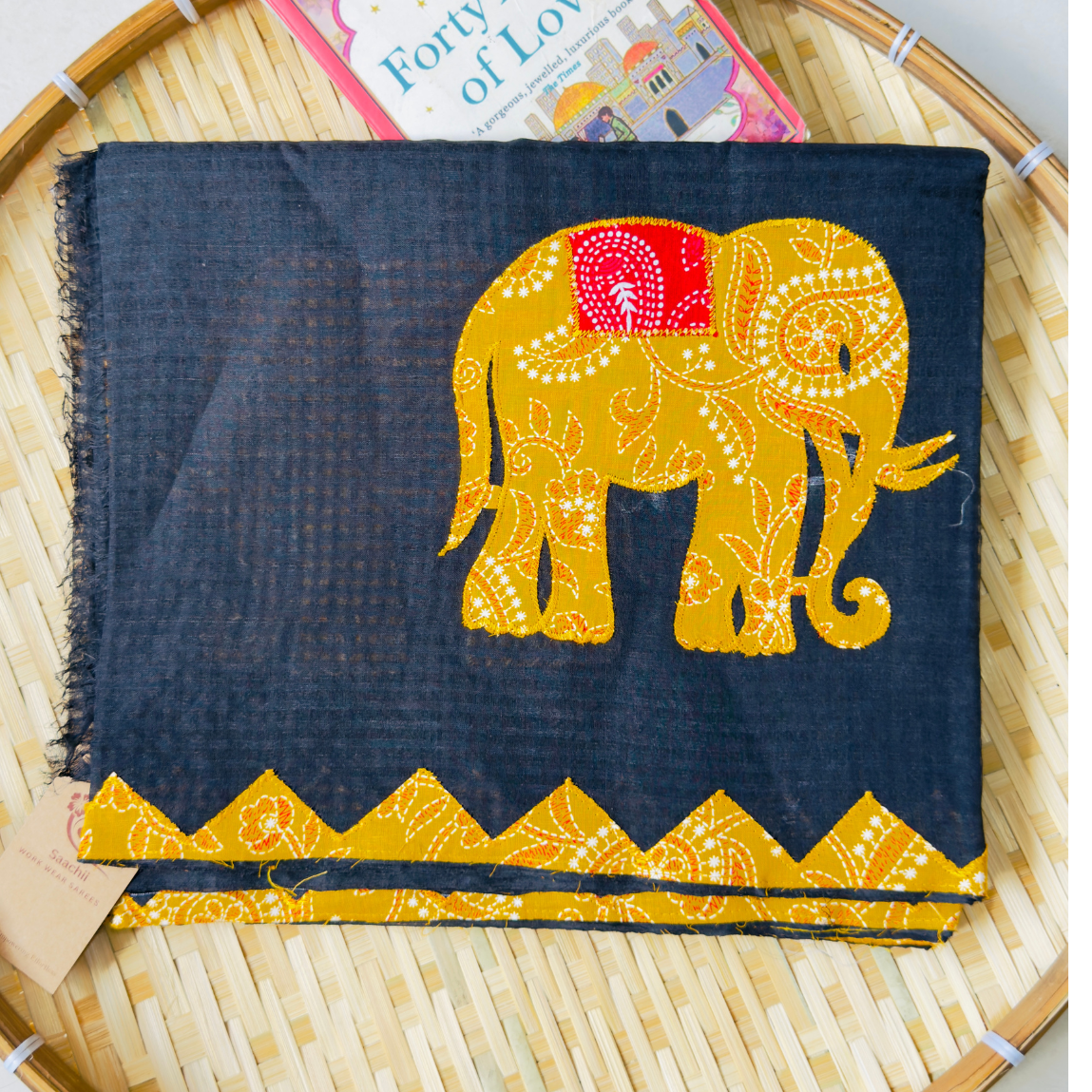 Black Kota Saree with Elephant Patchwork Applique