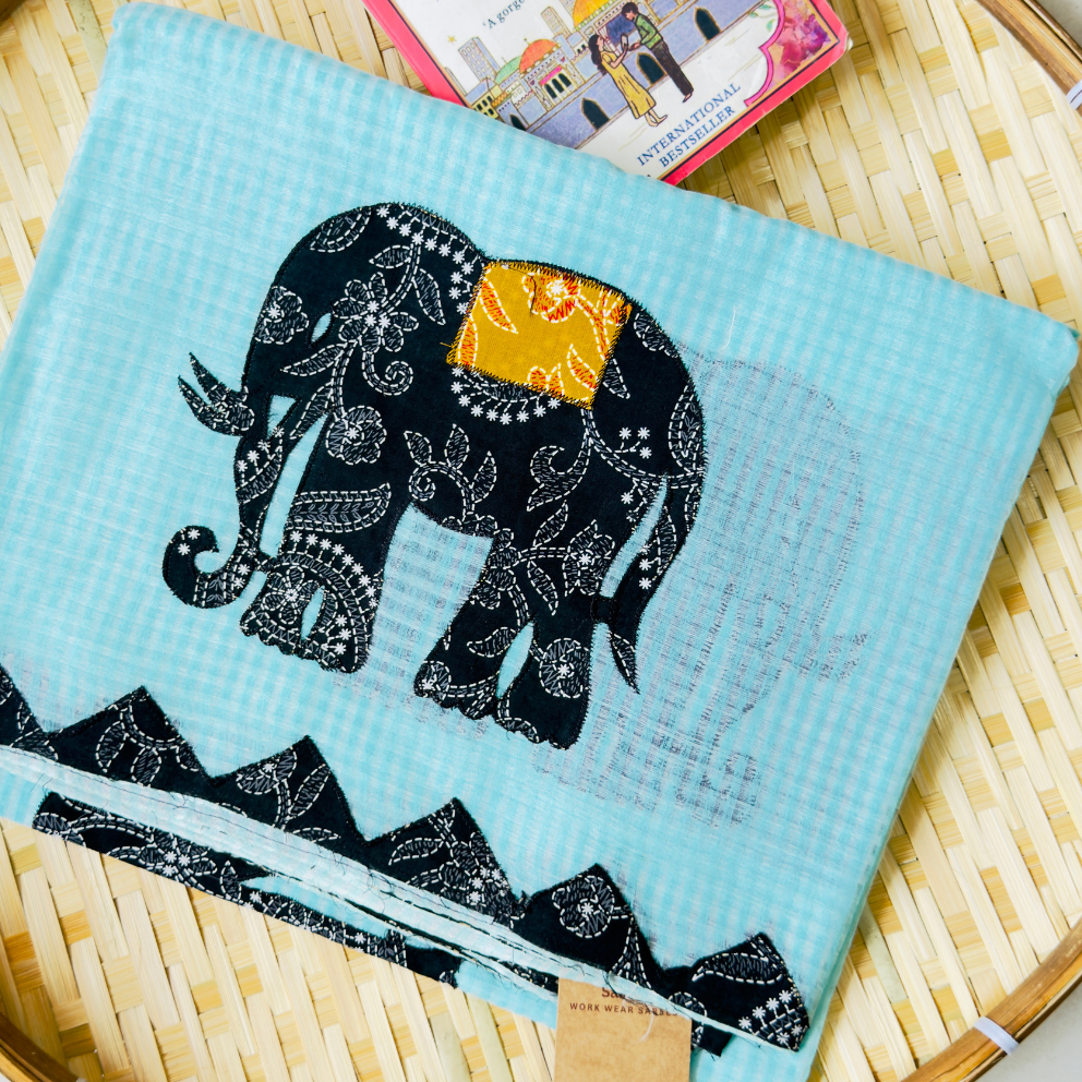 Blue Kota Saree with Elephant Patchwork Applique