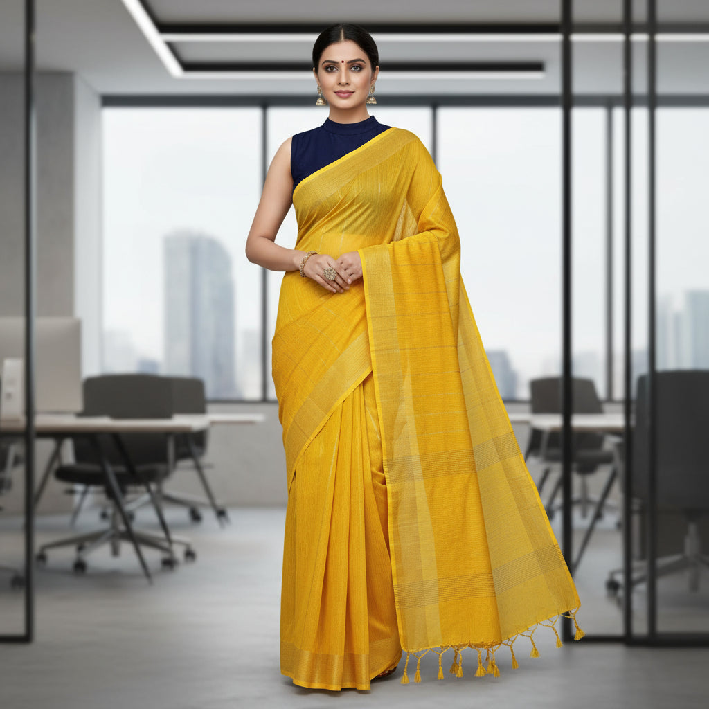 Yellow mul khadi zari