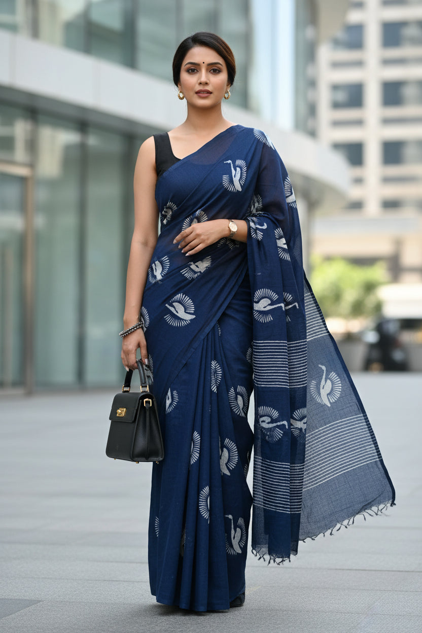 Woman wearing a blue saree with a bird print