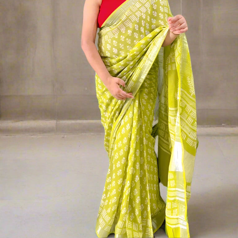 Lime green linen cotton leaf print