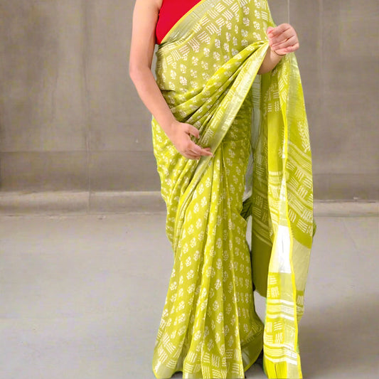 Lime green linen cotton leaf print