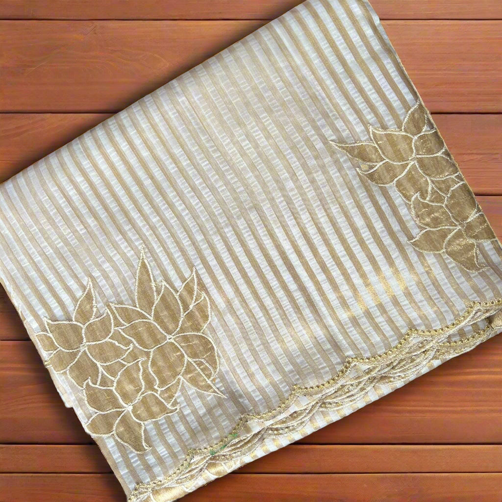 Golden Striped Floral Applique Saree