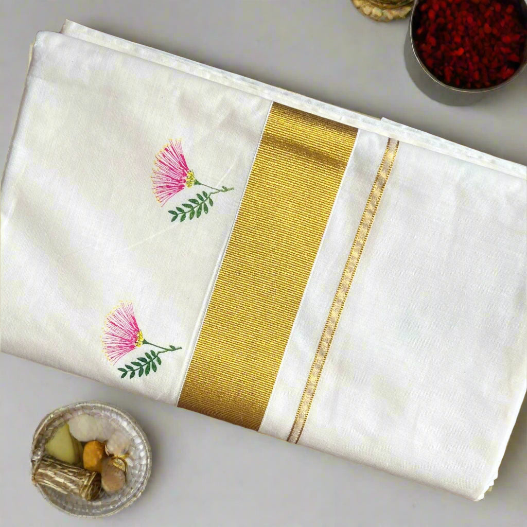 Kasavu pink floral golden border