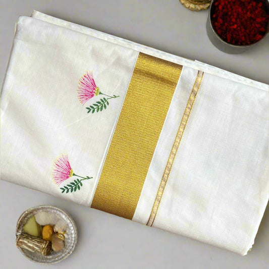 Kasavu pink floral golden border