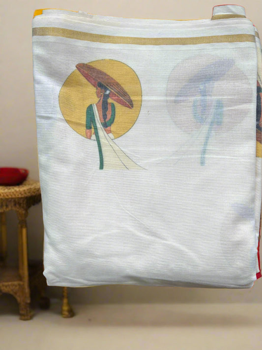 White fabric with a colorful embroidered design of a person holding an umbrella on a wooden surface.