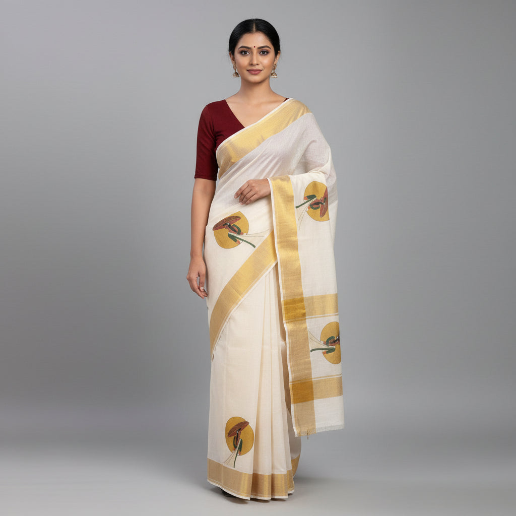 White fabric with a colorful embroidered design of a person holding an umbrella on a wooden surface.