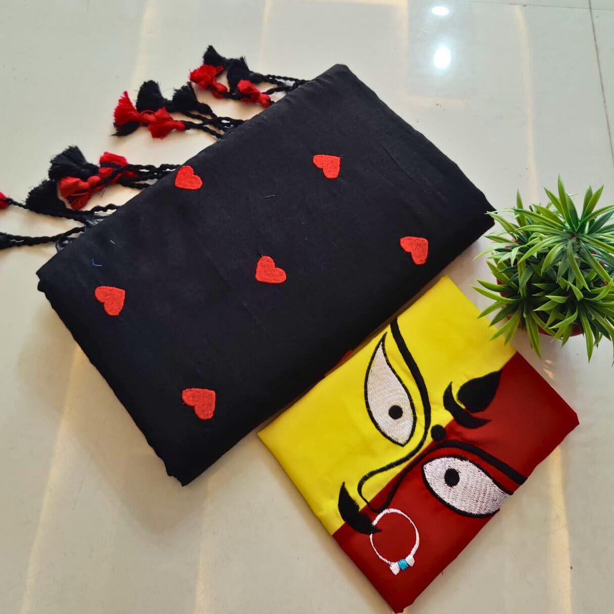 Black Soft Khadi Cotton Heart Print Saree