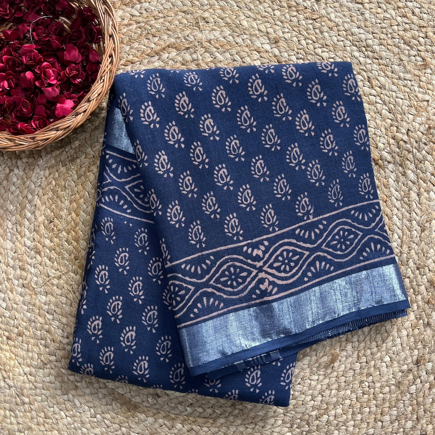 Navy blue linen cotton kairi print