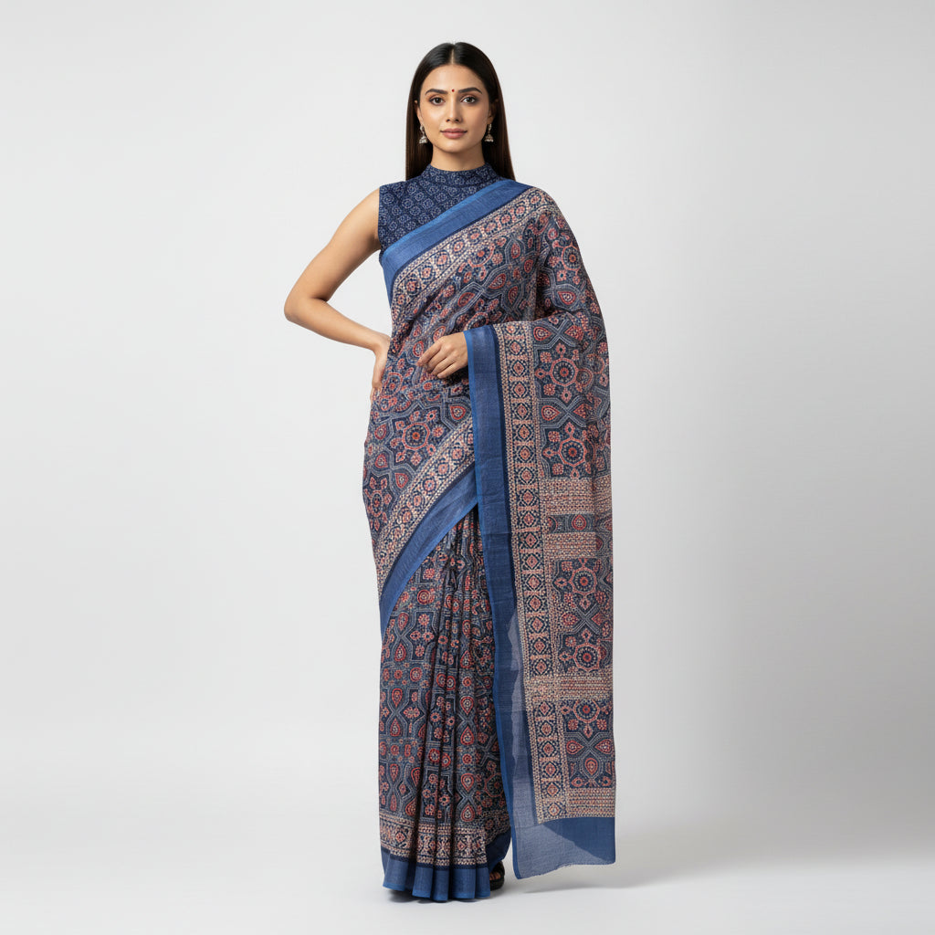 Blue Ajrak Cotton Linen Workwear Saree