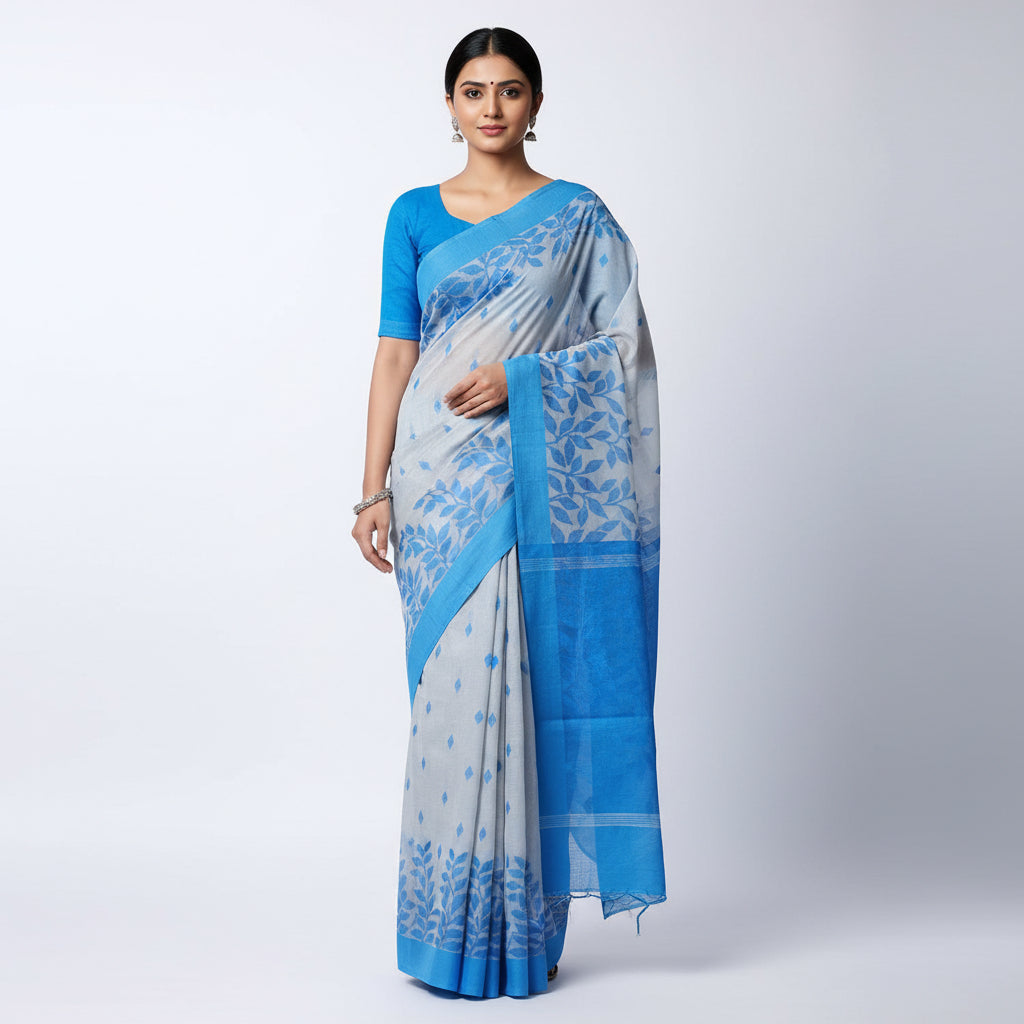 Grey-Blue Cotton Jamdani Saree