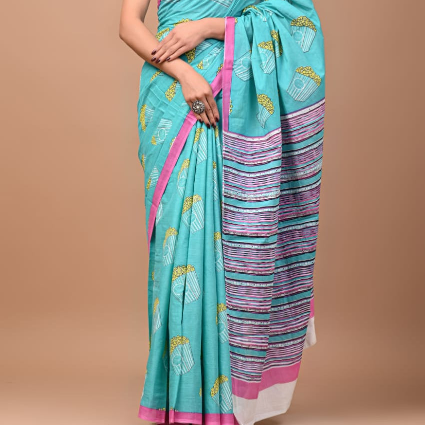 Blue Mul Cotton Popcorn Print Workwear Saree