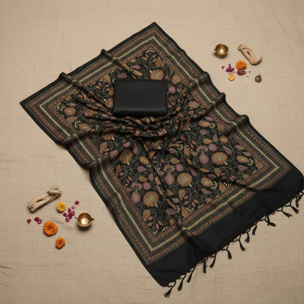 Black Kantha Print Saree