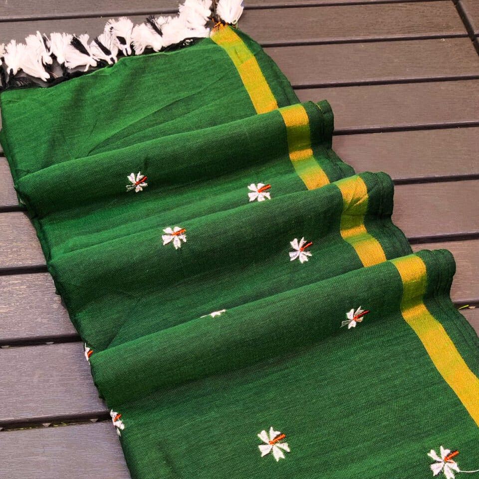 Parijat Green Khadi Cotton Saree