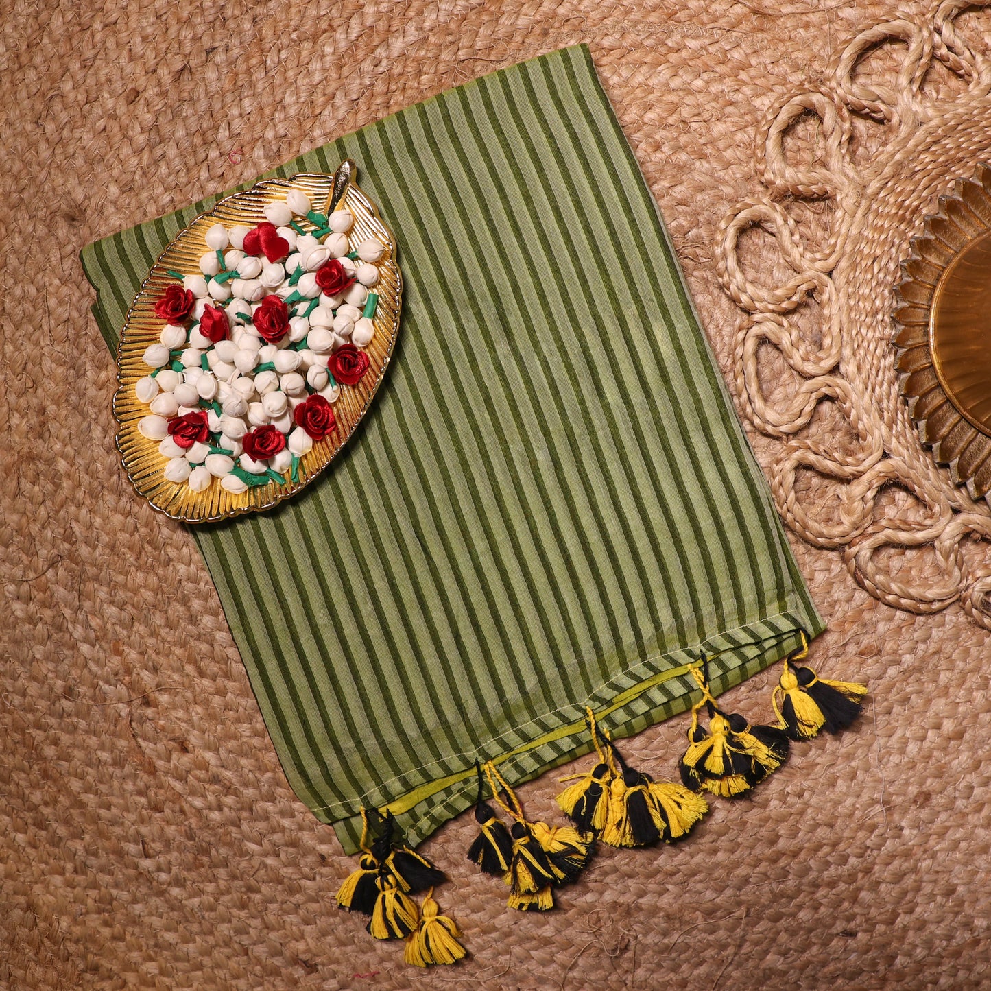 Green Striped Mul Cotton Workwear Saree
