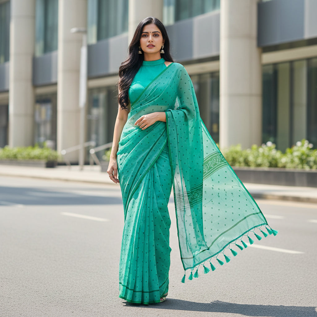 Green Polka Dot Mul Cotton Workwear Saree