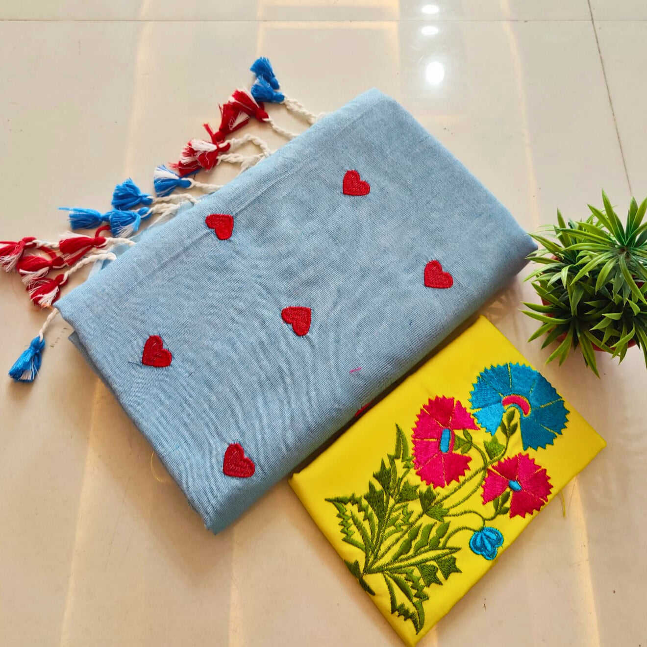 Blue Soft Khadi Cotton Heart Print Saree