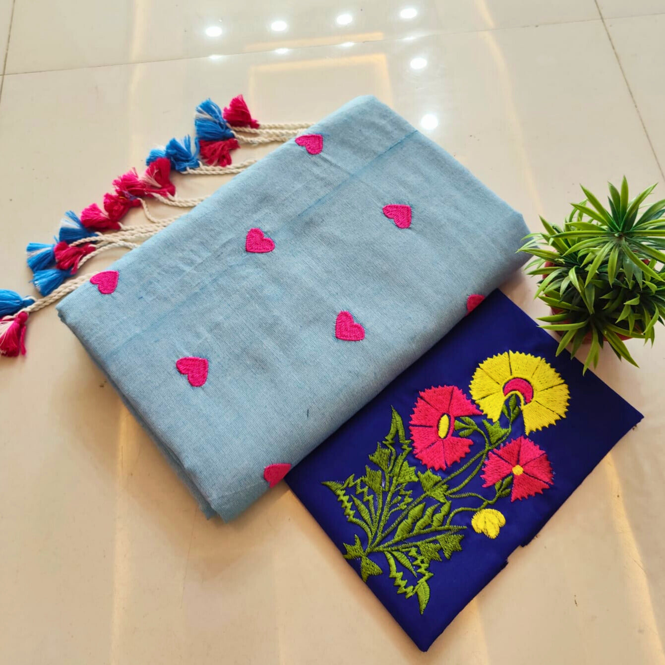 Light-blue Soft Khadi Cotton Heart Print Saree