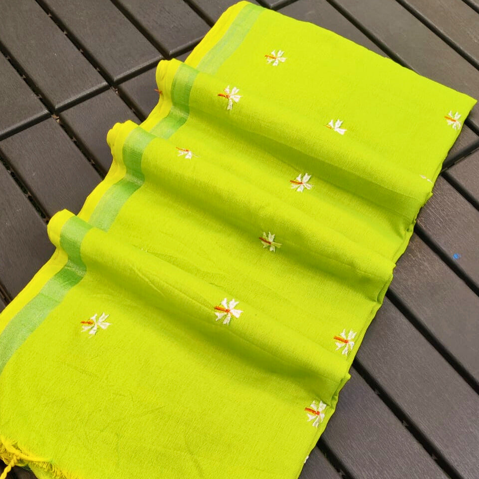 Parijat Lime Green Khadi Cotton Saree