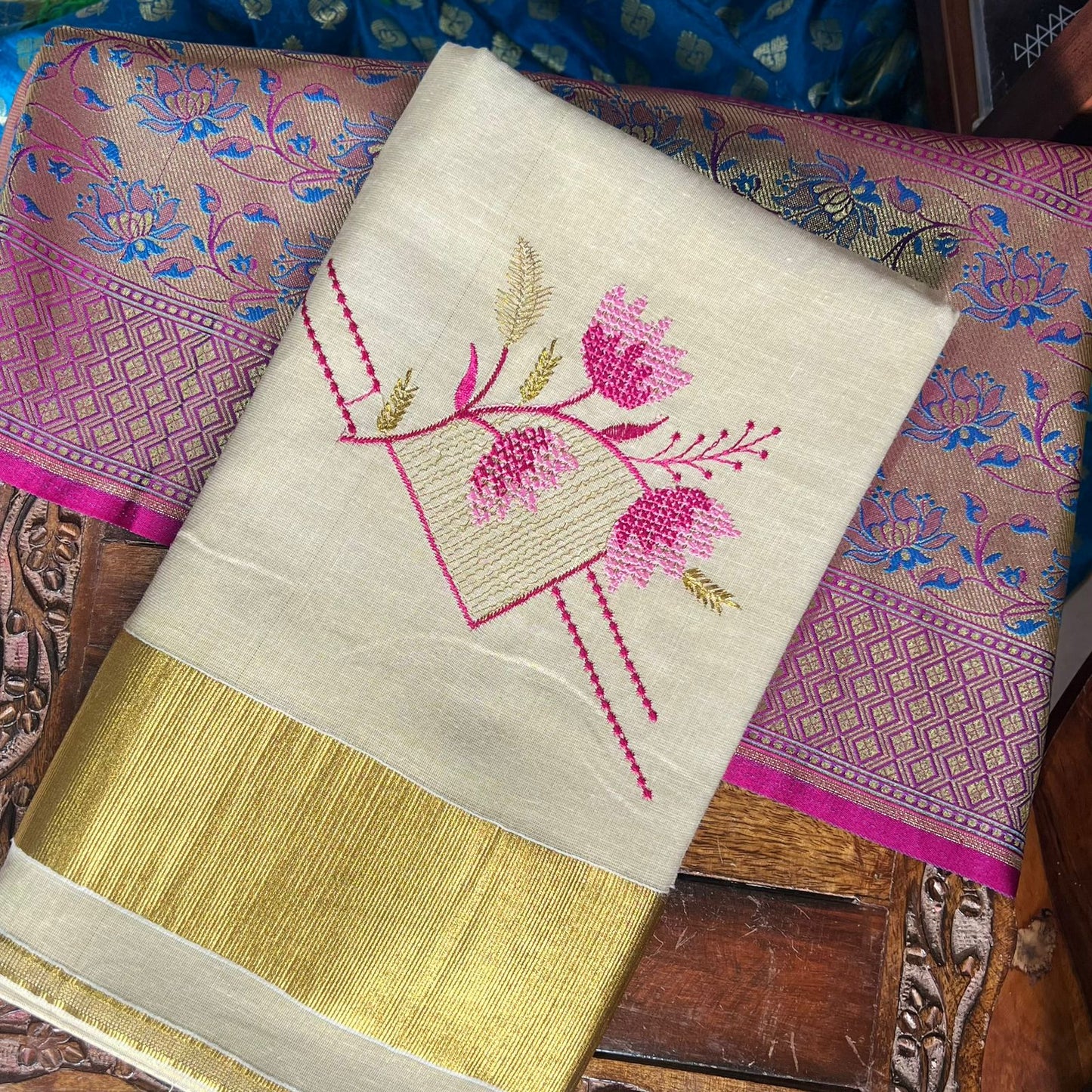 Kasavu pink floral golden border
