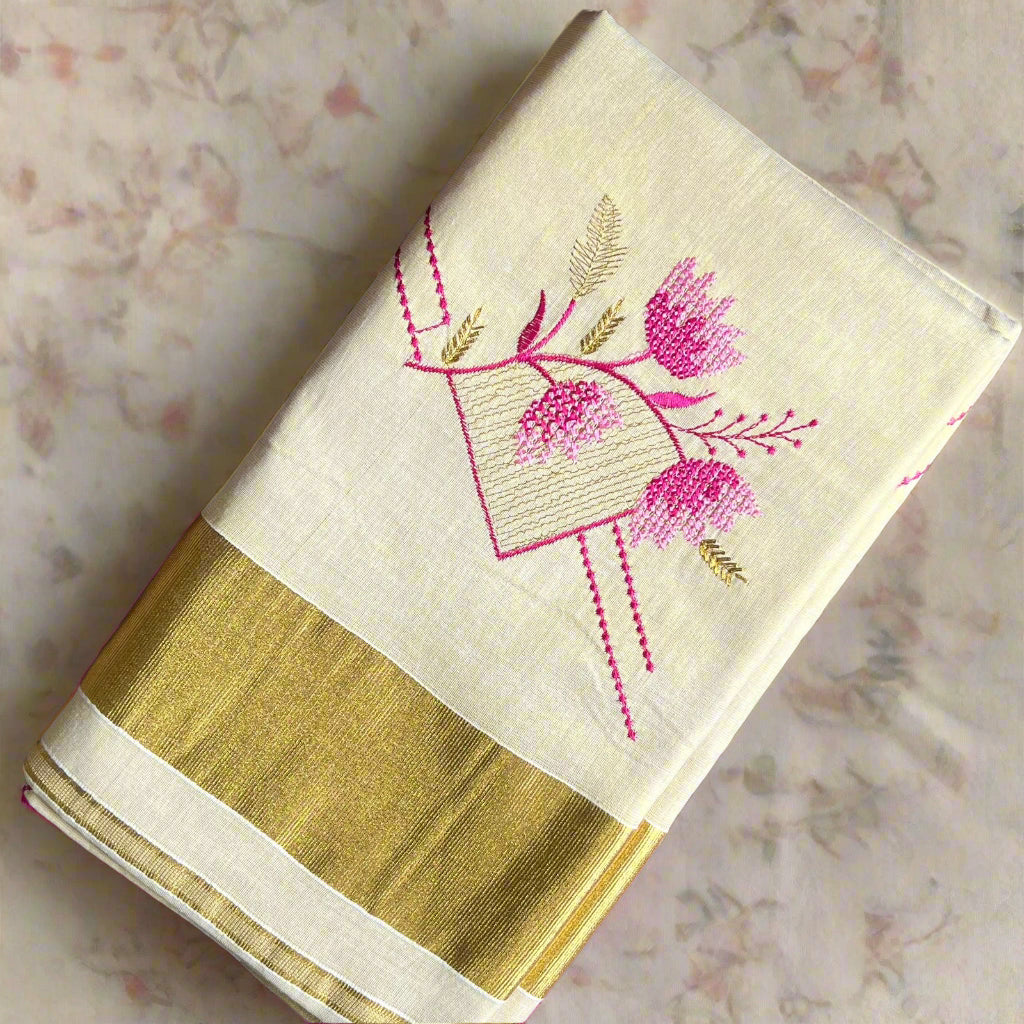 White-gold Kasavu Floral Saree