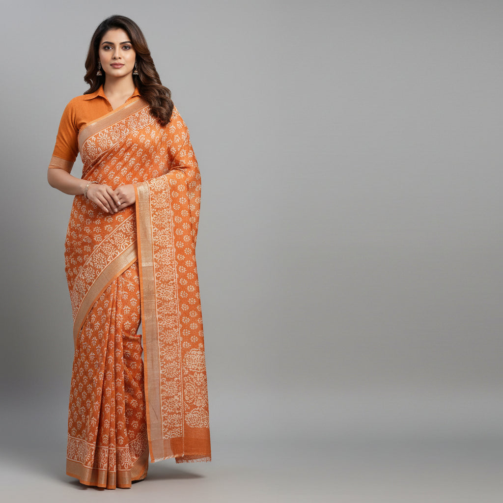 Orange Cotton Linen Workwear Saree