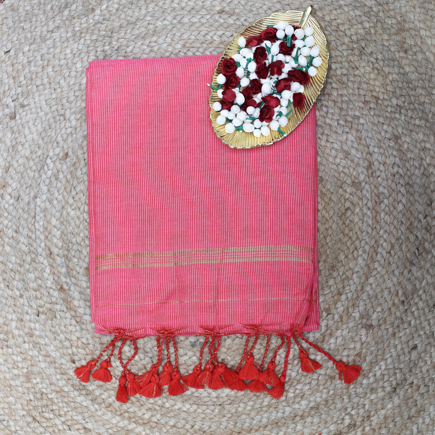 Peach zari mul khadi cotton