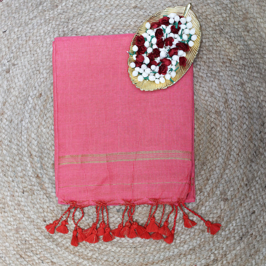 Peach zari mul khadi cotton