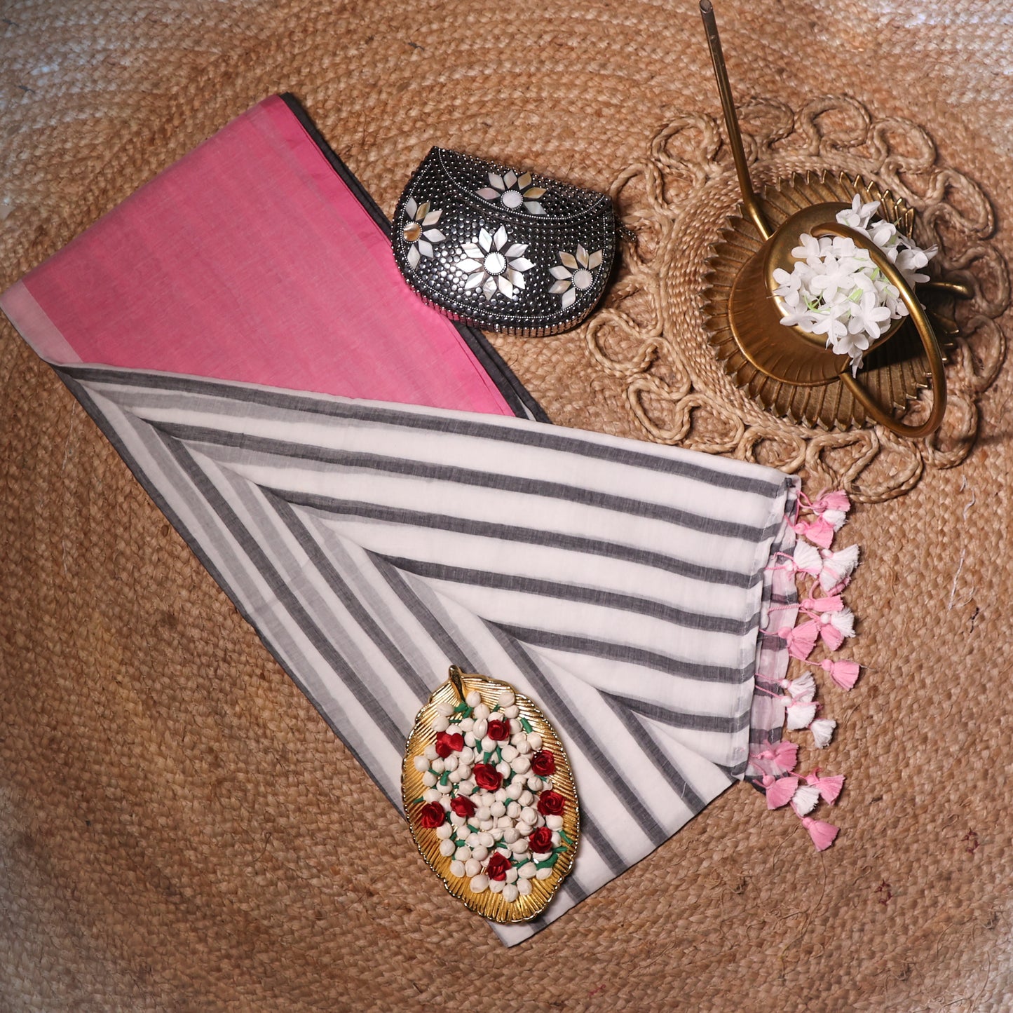 Pink Striped Mul Cotton Workwear Saree
