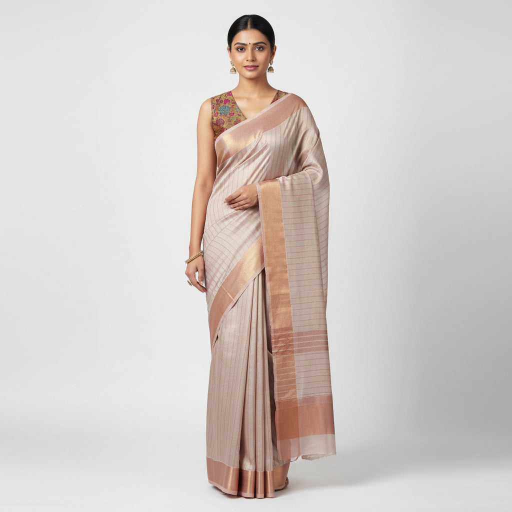 White Kasavu Striped Saree