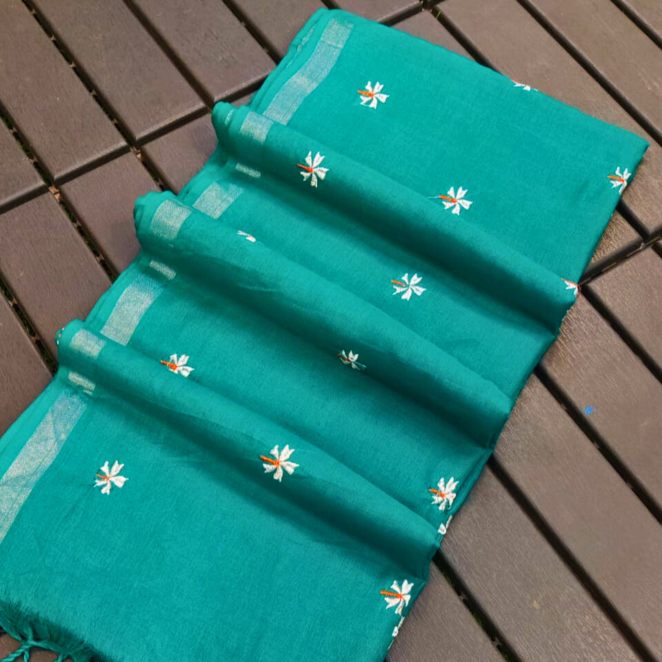 Parijat Teal Green Khadi Cotton Saree