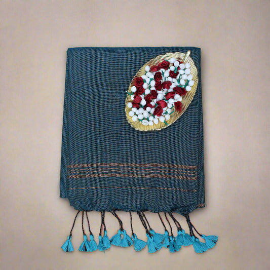 Teal blue zari mul khadi cotton