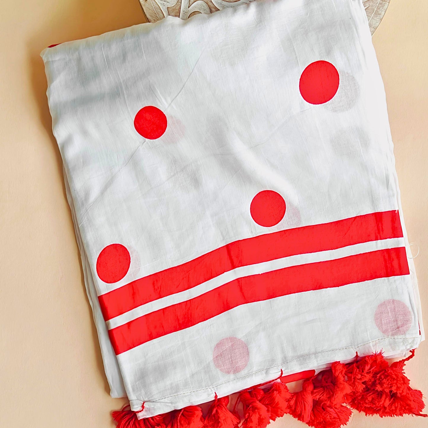 White-Red Polka Mul Cotton Saree