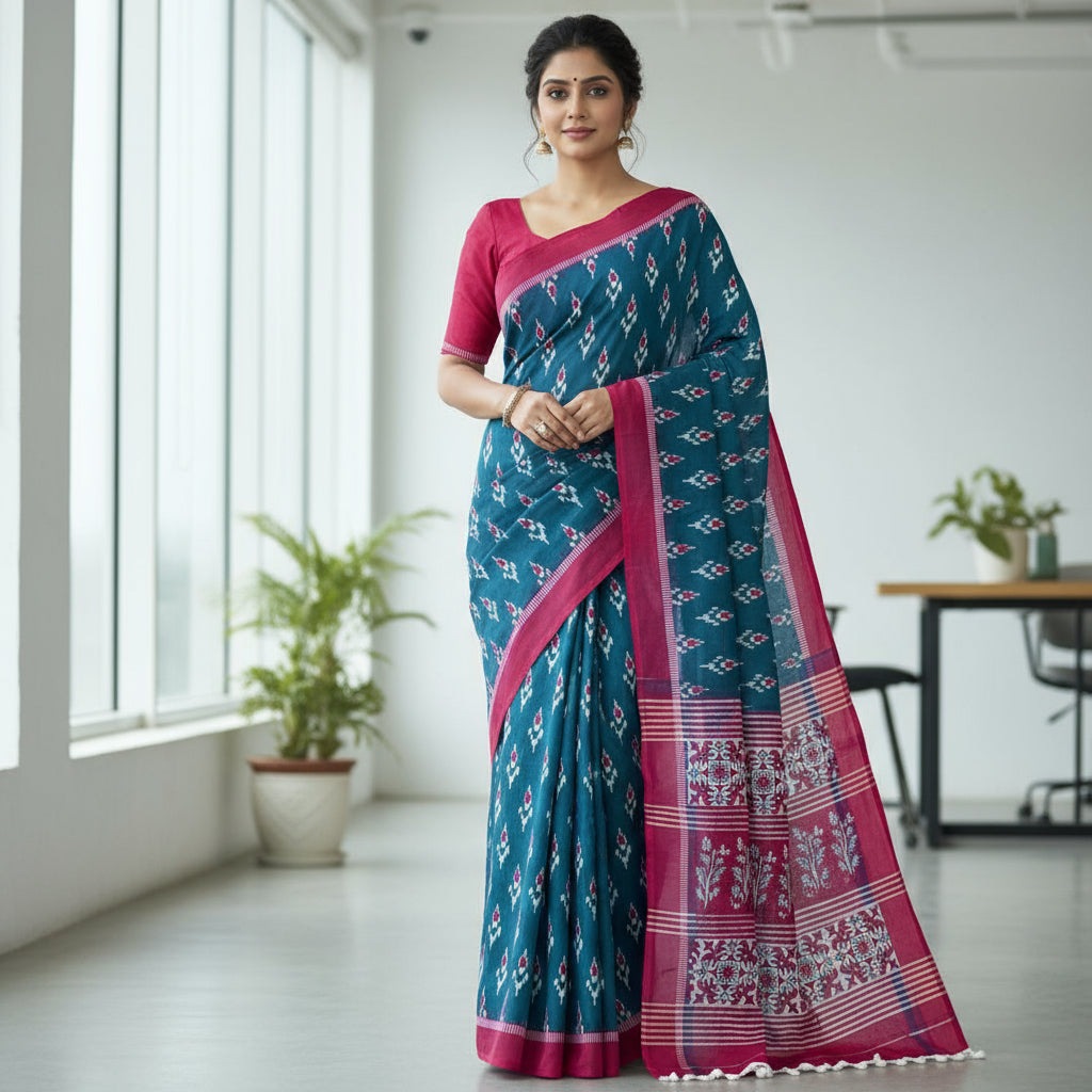 Handblock Mul Cotton Workwear Sarees