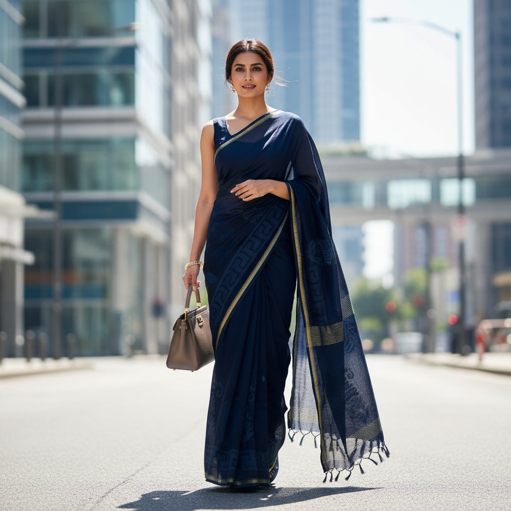 Indigo Handblock Cotton Workwear Sarees