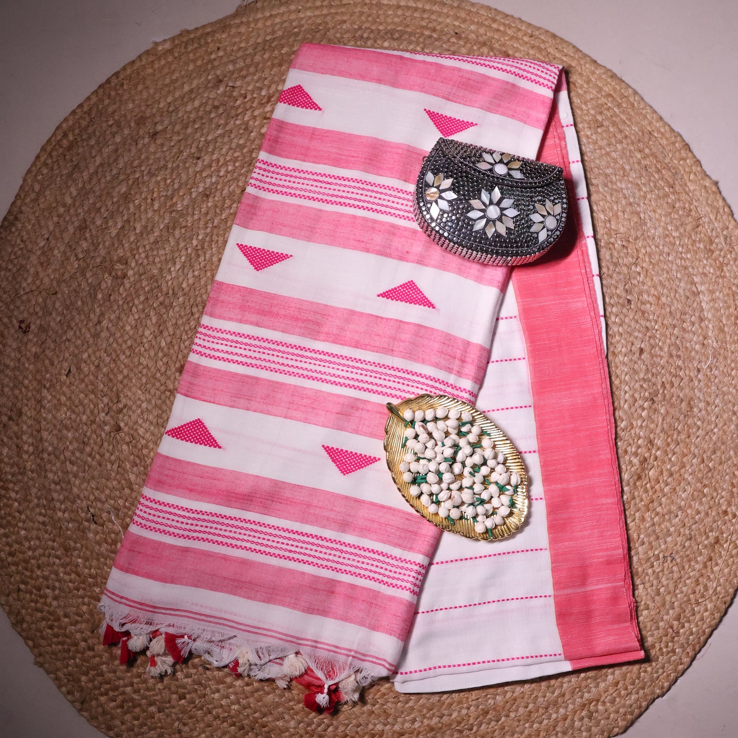 White-pink Dhonekhali Cotton Workwear Saree