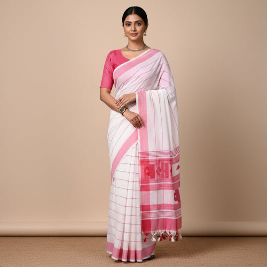 White-pink Dhonekhali Cotton Workwear Saree
