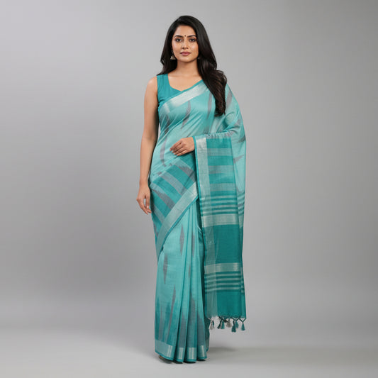 Teal-blue Semi Tussar Ikkat Saree