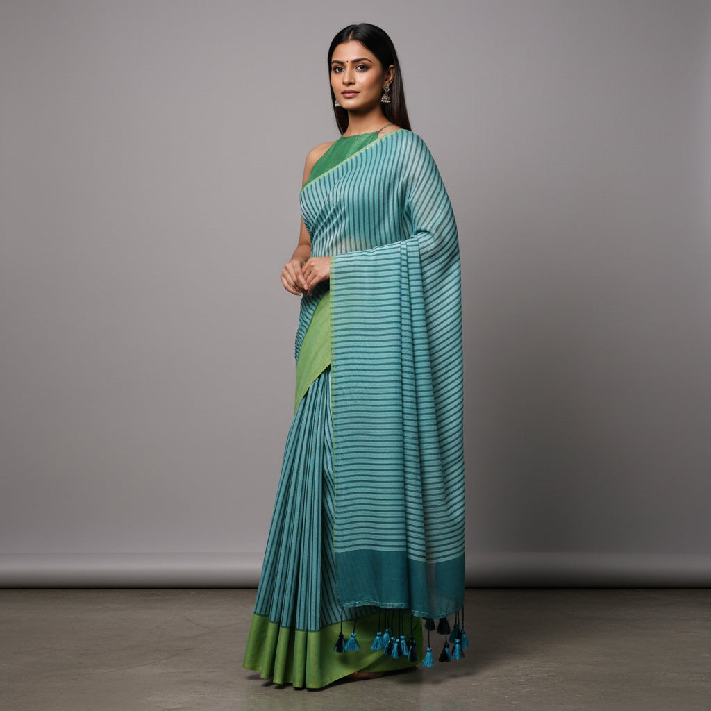 Green Striped Mul Cotton Workwear Saree