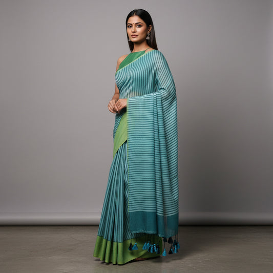 Green Striped Mul Cotton Workwear Saree