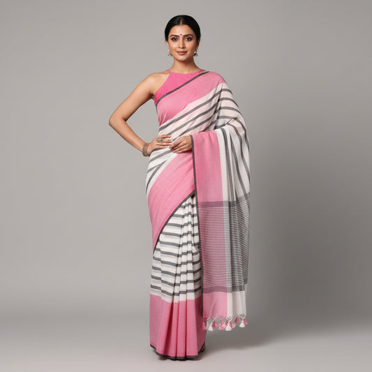 Pink Striped Mul Cotton Workwear Saree