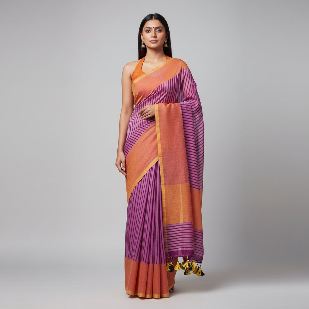 Purple Striped Mul Cotton Workwear Saree